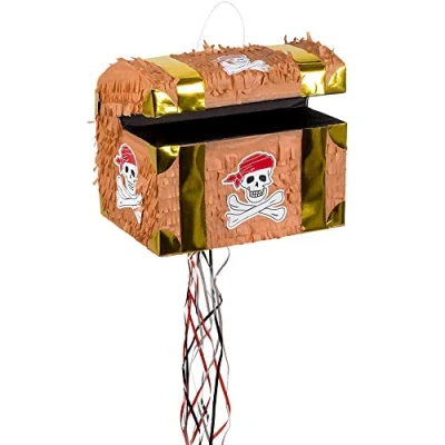 Imagen de Boland 30935 Piñata cofre del tesoro, 30 x 26 23 cm, marrón dorado, cartón, piñata, cumpleaños infantil, fiesta temática, celebración, decoración, dulces, regalos