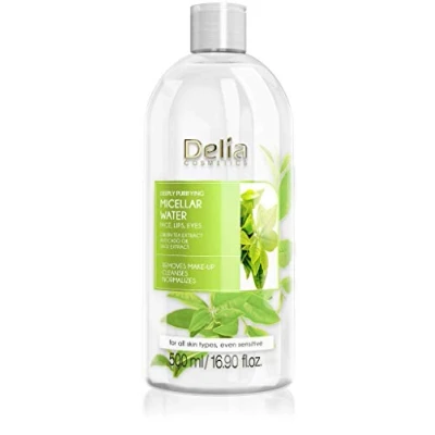 Imagen de Delia Cosmetics Agua Micelar Purificante Limpiador Facial con Extracto de Té Verde y Aceite Aguacate Limpieza Profunda, Refrescante Reduce la Producción Sebo 500ml