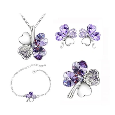 Imagen de KBRPEY Conjuntos de Joyas Trébol Cuatro Hojas para Mujer Corazón Colgante Cristal Collar Pulsera Pendientes Anillo Set 4 piezas Clover Classic Joyería Regalo Aniversario (Purple)