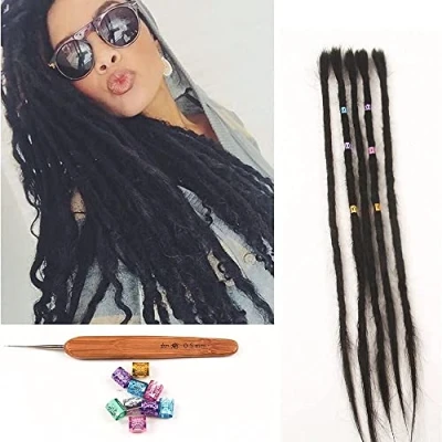 Imagen de Extensiones de Rastas Cabello Humano 100%, 20 Pulgadas, 5 Hebras/Paquete, Ganchillo Hechas A Mano para Mujeres/Hombres, Pelo Rastas(Color Negro)