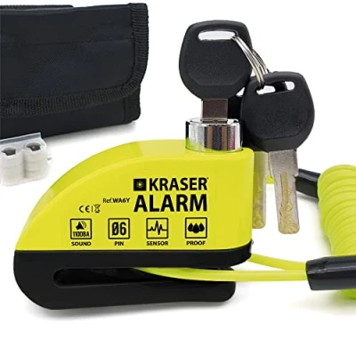 Imagen de KRASER WA6Y Candado Moto Disco Alarma/Antirrobo con Alarma 110dB, Reforzado Impermeable, Cerradura Seguridad, Accesorio Cable Bolsa, Universal Motocicleta Scooter Bicicleta Eléctrica, Bloqueo 6mm