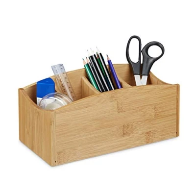Imagen de Relaxdays, 11,5 x 26 13 cm, Marrón Organizador de Escritorio, Lapicero, Cuatro Compartimentos, Bambú, 1 Ud, Tablero Fibras