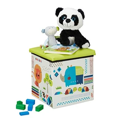 Imagen de Relaxdays Taburete Almacenaje Infantil, Diseño Animales, Asiento Plegable Almacenamiento, 31 x cm, Verde/Blanco