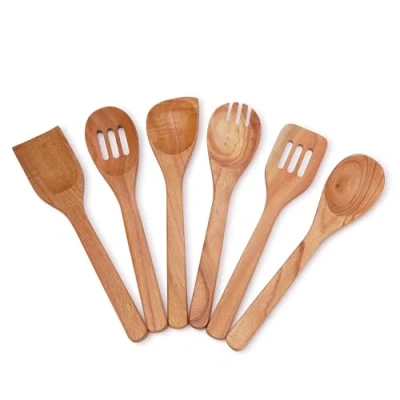 Imagen de Ajuny Cucharas de Madera para Cocinar 6 Piezas Juego Utensilios Cuchara con espátula Antiadherente Herramientas y Servir Regalos Mango Plano Uso Diario