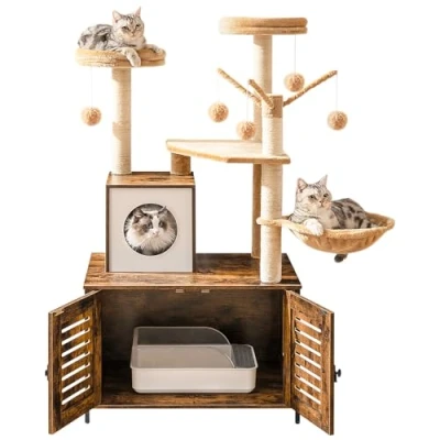 Imagen de HOOBRO Árbol para Gatos con Cajón de Arena, Mueble una Pieza Interior, Arena Oculto, Mordedor Desmontable Borlas, Marrón Vintage EBF14MZ03