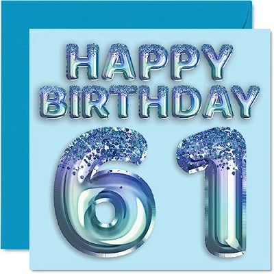 Imagen de Tarjeta de cumpleaños número 61 para hombres, globo fiesta con purpurina azul, tarjetas feliz hombre años, tío, abuelo, papá, 145 mm x mm,