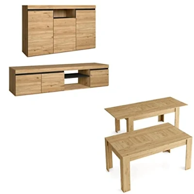 Imagen de Skraut Home Muebles de Salón Modelo Naturale Aparador, Mueble para TV, Mesa Comedor Extensible Estilo Nórdico Color Roble y Negro