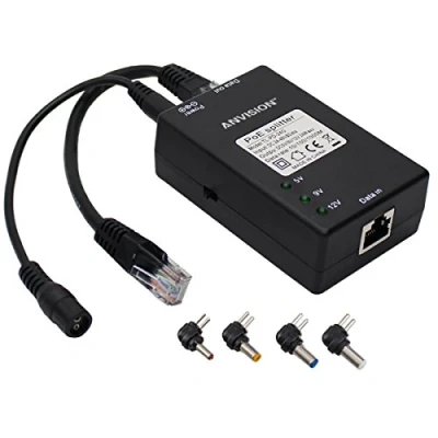 Imagen de ANVISION Adaptador Gigabit PoE con Puntas Multi Tamaño, 10/100 / 1000Mbps Cumple IEEE 802.3af, DC 5V 9V 12V Salida de Potencia para Cámara IP Wirelss Ap Voip Phone
