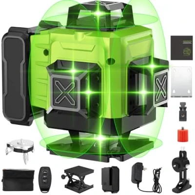 Imagen de Nivel Laser Autonivelante 4 x 360, 16 Líneas Verde, 30M, IP54, Línea Cruzada Horizontal y Vertical Láser para Interior Exterior con Batería, Control Remoto, Cargador, etc.