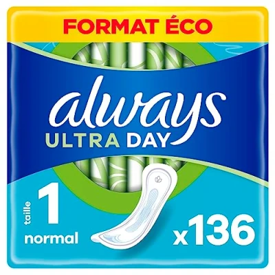 Imagen de Always compresas Ultra para mujer, tamaño 1, normal, 136 sin alas (4 x 34 unidades), paquete múltiple, ultrafinas y superabsorbentes