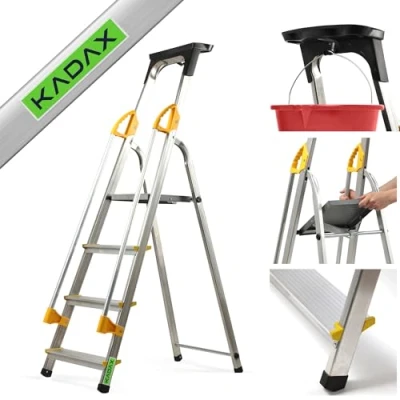 Imagen de KADAX Escalera de Aluminio, pie con pasamanos, soporta hasta 150 kg, en 4 Niveles, Plegable Compartimento para cepillos y pies (4 Niveles)
