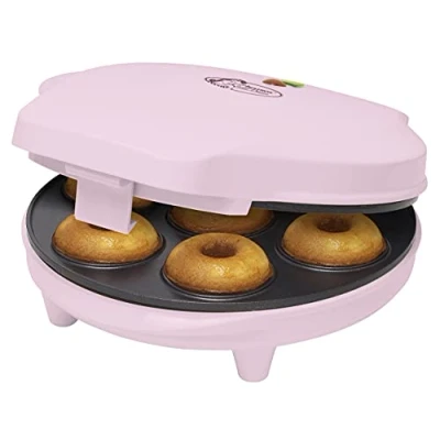 Imagen de Bestron donut maker en diseño retro, mini eléctrica para 7 pequeños donuts, incl. semáforo de cocción y revestimiento antiadherente, 700 vatios, color: rosa