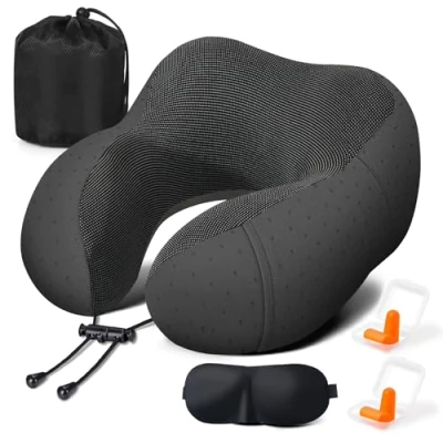 Imagen de Zepphi Almohada de Viaje para Cuello, Cojin Cervical Espuma Memoria, Cuello Oficina Avión Tren Coche Viajando, Suave y Ajustable, con Máscara Ojos, Tapones Bolsa (Negro)