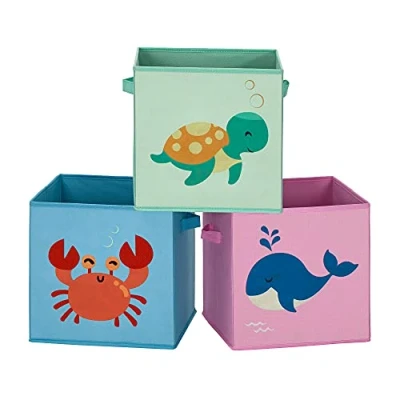 Imagen de SONGMICS Caja Organizadora Tela, almacenaje Infantil, Juego de 3, Juguete, Plegables con Asas, para habitación niños, 30 x cm, Tema del mar, Azul, Verde y Rosa RFB701Y03