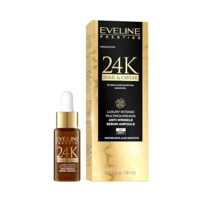 Imagen de Eveline Cosmetics Prestige 24k Snail&amp;Caviar Sérum multinutritivo antiarrugas 18 ml Piel Madura y Sensible día noche suave flexible Propiedades nutritivas regeneradoras