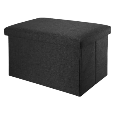 Imagen de INTIRILIFE Puff Baúl Plegable 78x38x38 cm in Negro Diamante Taburete Almacenaje Tapizado de Textil Tela Óptica Lino per Almacenamiento y Reposapiés Asiento Silla Tejido Banqueto
