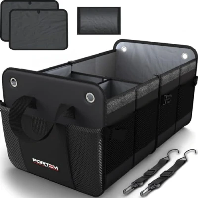 Imagen de FORTEM Organizador de Maletero Coche y SUV para Almacenamiento Caja Plegable con 2 Compartimentos Base Antideslizante Cinchas Ajustables Tapa Extraíble (Negro)