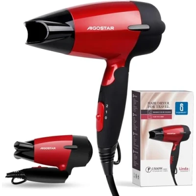Imagen de Aigostar Secador de Pelo 1500W, Viaje con Mango Plegable, Portátil, Doble voltaje, Dispone 2 Velocidades, Protección Contra el Sobrecalentamiento