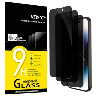 Imagen de NEW&#039;C 3 Piezas, Protector pantalla Privacidad para iPhone 14 Pro Max (6,7 Pulgadas), Ángulo de 35 Grados Equilibrado con Protección Ocular, Dureza Ultra Duradera 9H, Sin Burbujas