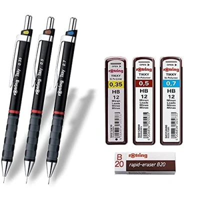 Imagen de rOtring Tikky Juego de 3 recambios HB + goma borrar B20 (0,35, 0,5 y 0,7 mm, botes recambio