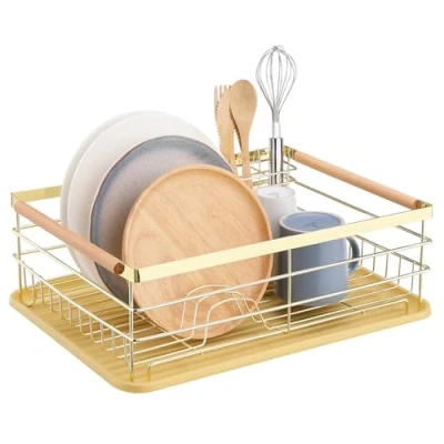 Imagen de Navaris Escurreplatos de Cocina con Bandeja Escurridor Platos Dorado cesto para Cubiertos Cesta secar Tazas Vasos ollas Fregadero 43 x 32 14,5 cm
