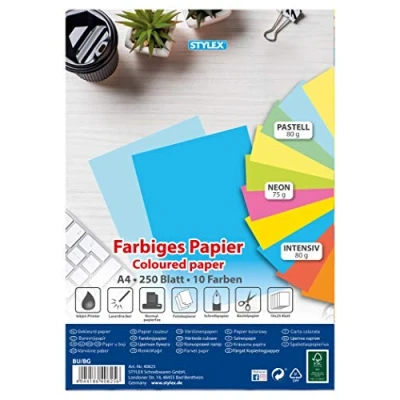 Imagen de Stylex 40825 Papel de color DIN A4, 250 hojas en 10 colores diferentes, para pintar, hacer manualidades, imprimir y escribir,