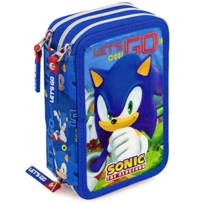 Imagen de Clondo Plumier Triple Escolar 45 Piezas para Sonic Fan con Bolígrafos Borrables, Lápices de Colores 4.0 mm, Rotuladores, Tijeras, Pegamento Niños Regalo o Colegio