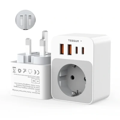 Imagen de TESSAN Adaptador Enchufe Tipo G, 5 en 1 Inglaterra con 2 USB C y A, 3250W Reino Unido Compacto Plegable, Carga rápida 20 W para Irlanda