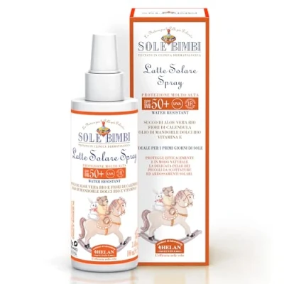 Imagen de Helan, Sole Bimbi, Leche Solar Spray Niño y Bebé, Crema Niños 50+ con Áloe Vera, Cara Cuerpo, Protector contra Rayos UVB UVA, Enrojecimientos e Irritaciones 100 ml