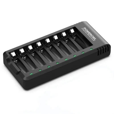 Imagen de POWEROWL Cargador de Pilas para Ni MH/Ni CD Recargables AA/AAA, Ranura Independiente &amp; USB Carga Rápida, Indicador LED (Cargador 8 Ranuras, Sin Pilas)