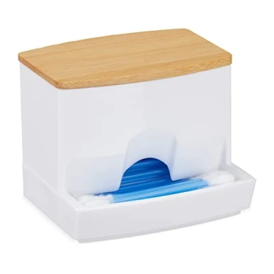 Imagen de Relaxdays Caja Bastoncillos de Algodón con Tapa, Acrílico, Transparente, Color Blanco y Natural