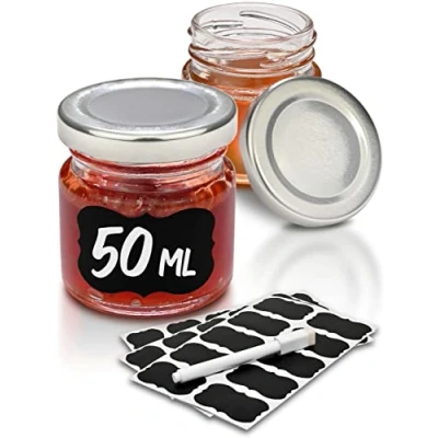Imagen de 24 Mini Tarros de Cristal Con Tapa 50ml Etiquetas y Rotulador Herméticos Aptos para Lavavajillas Ideales Regalar