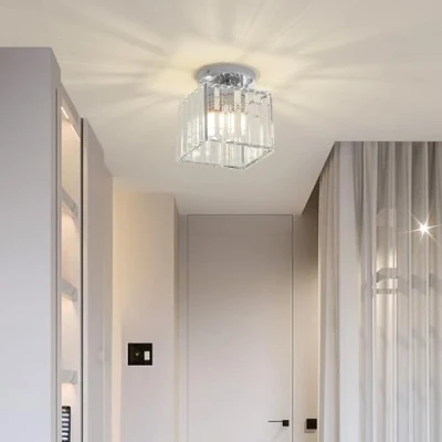 Imagen de Sxtiger Lámpara De Techo Cristal Moderna, Mini Plateado E27, Araña Cuadrada, Para Pasillo Sala Estar Dormitorio Cocina Iluminación Entrada (Plateado)