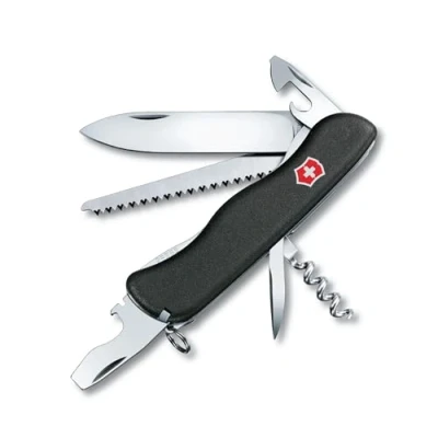 Imagen de Victorinox Navaja suiza de bolsillo Forester, 12 funciones, multiherramienta con hoja grande, abrelatas, destornillador 3 mm, bloqueable, negro