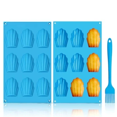 Imagen de GlasFlength Molde Madeleine Silicona, 2 Piezas 9 Cavidades Moldes de Silicona para Madeleines con Cepillo Galletas Chocolate Caramelo Puddin (Azul)