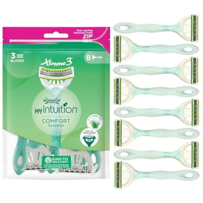 Imagen de Wilkinson Sword MyIntuition Comfort Sensitive Xtreme 3 Maquinilla de afeitar desechable cuchillas flexibles para mujer Tira lubricante con aloe y jojoba Pack 8