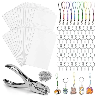Imagen de 183 Piezas Kit Hojas de Plástico Termocontraíble Plastico Magico Shrink Plastic, Incluye 15 Papel Película Retráctil 12 Lápices Colores Perforador Llaveros para Niños Manualidades Creativas DIY