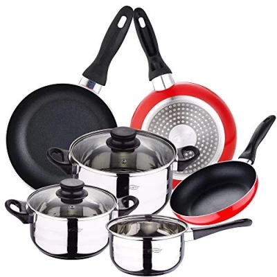 Imagen de San Ignacio PK2356 Batería de cocina 5 piezas acero inoxidable y set 3pcs sartenes rojo, aluminio prensado, inducción, 16/20/24 xm