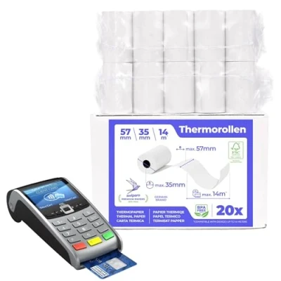 Imagen de SWIPARO Rollos papel térmico 57x35x12 mm para todos los TPV y las impresora térmica Rollo 57mm ideal máquinas de tarjetas Crédito (20 rollos)