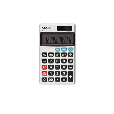 Imagen de MAUL calculadora M112, Pantalla Grande, 12 dígitos, Porcentaje y factura de impuestos, Negocios, Frente Aluminio, Solar/batería, Plata