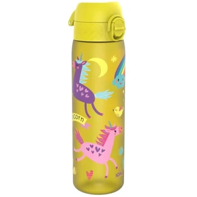 Imagen de Ion8 Botella Agua, 500ml, a Prueba de Fugas, Fácil Abrir, Cerradura Segura, Apta para Lavavajillas, Sin BPA, Asa Transporte, Limpiar, Neutro en Carbono, Unicornios Amarillo