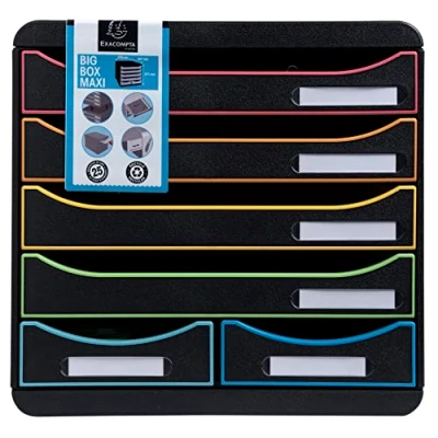 Imagen de Exacompta Ref. 312914D BIG BOX MAXI Caja de 4 cajones para documento A4+ y 2 pequeños guardar utensilios Dimensiones exteriores: 34,7 x 27,8 27,1 Negro/Arlequín