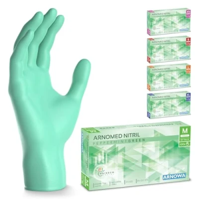 Imagen de ARNOMED guantes nitrilo talla M, verdes, de nitrilo, 100 uds/caja, desechables sin polvo, goma látex, XS, S, L y XL