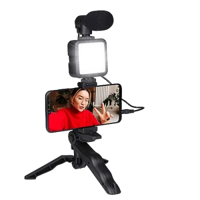 Imagen de Grundig trípode para teléfono con lámpara, micrófono, LED 3 ajustes de Color, teléfonos 53 a 84 mm, Modelo Mesa y Palo autofies, Material plástico, Color Negro
