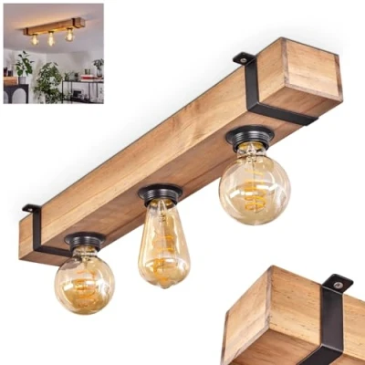 Imagen de hofstein Montgomery lámpara de techo, moderna metal/madera en color negro/natural, luminaria diseño escandinavo con vigas madera (60 cm), 3 luces, x casquillo E27, sin bombillas,