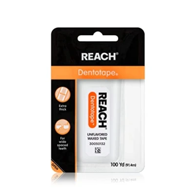 Imagen de Reach Dentotape hilo dental encerado con superficie de limpieza extra ancha para grandes espacios entre los dientes, sin sabor, 100 yardas
