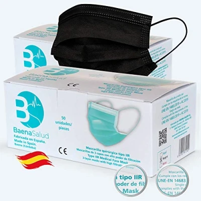 Imagen de BAENA SALUD 100 Mascarillas Quirúrgicas, higiénicas, desechables, Tipo IIR, en color negro, filtración (BFE) 98%, hechas España