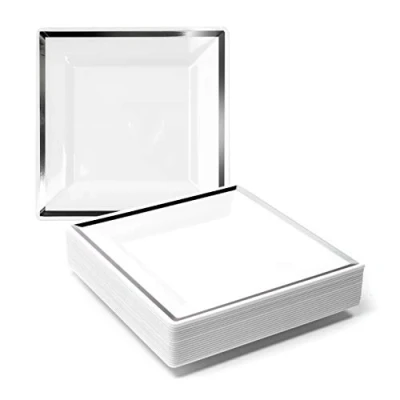 Imagen de MATANA 20 Platos de Postre Cuadrados Plástico Blanco Premium con Borde Plateado, 16,5cm Elegantes, Resistentes y Reutilizables Bodas, Cumpleaños, Navidad, Barbacoas, Fiestas