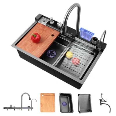 Imagen de TULAZOU fregadero de cocina,T304 acero inoxidable,fregadero cocina multifuncional, cascada,fregadero empotrado con grifo digital multifuncional y varios accesorios (75x45cm)