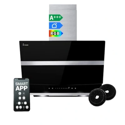 Imagen de Campana extractora de 60 cm pared con altura vertical acero inoxidable vidrio negro WiFi apagado automático Iluminación LED RGBW Control táctil HERMES6005SM